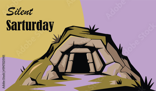 Silent Saturday Empty Tomb Vector Illustration for Holy Week Easter Saturday Religious Cave Grave and Resurrection Concept