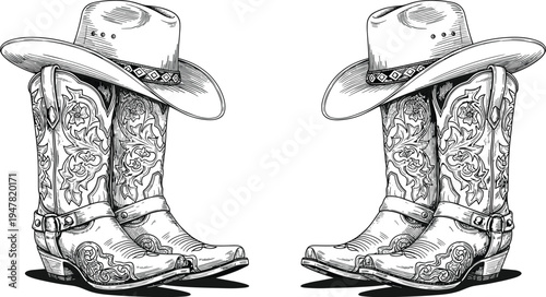 Hand drawn vintage cowboy boots and western hat illustration, rustic country style apparel vector art, traditional rancher gear for american rodeo design