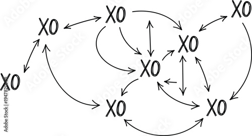 Strategic sports movement diagram with XO symbols and arrows, tactical game plan illustration for coaching, complex system of connectivity and team coordination