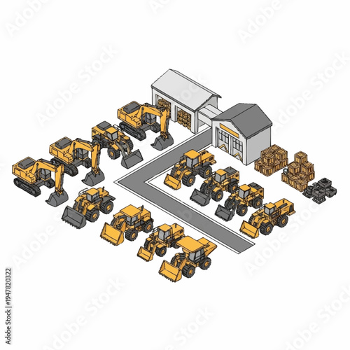 Isometric illustration of a construction equipment depot with various yellow machines.
