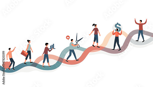 This illustration depicts the journey of financial growth, showcasing a balancing act between risk and reward. Ideal for illustrating concepts of inve