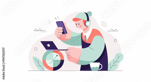 Person with headphones and laptop, looking at phone
