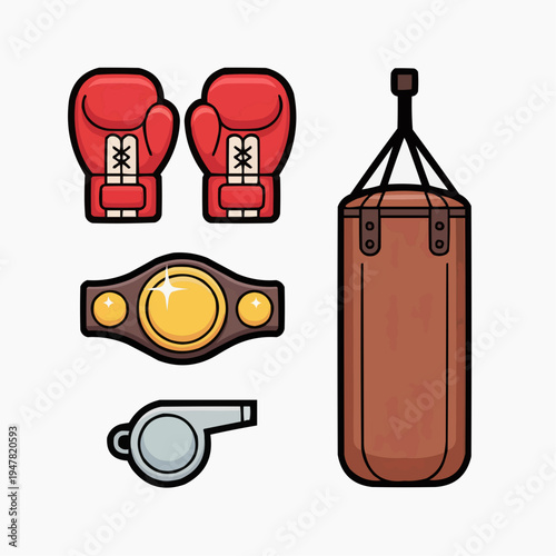 Boxing equipment kawaii icon set with gloves championship belt punching bag and whistle isolated on light background for sports training poster gym branding sticker and mascot design