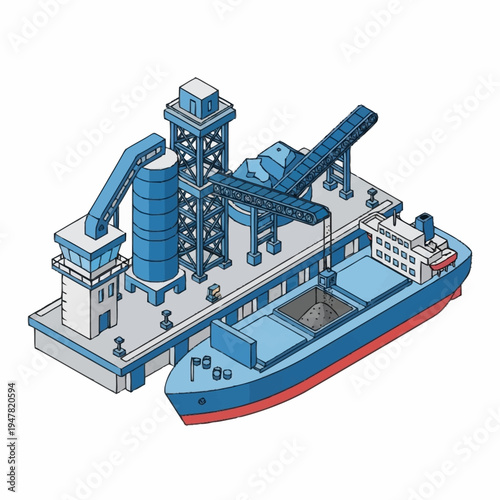 Isometric illustration of a cargo ship being loaded at a port.