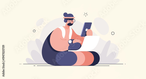 Person with headphones works on laptop and tablet with abstract background