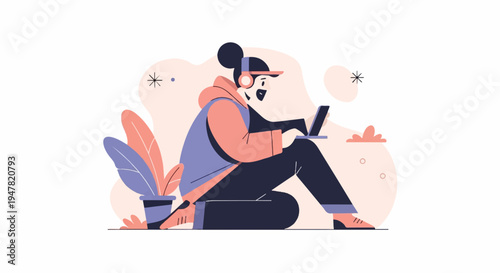 Person wearing headphones and cap, typing on a laptop, with plants
