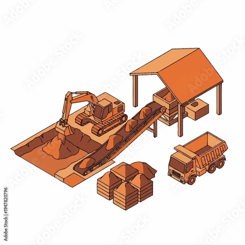 Isometric illustration of a quarry with an excavator, conveyor belt, and dump truck.