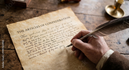 Hand writing Articles of Confederation with quill pen historical scene