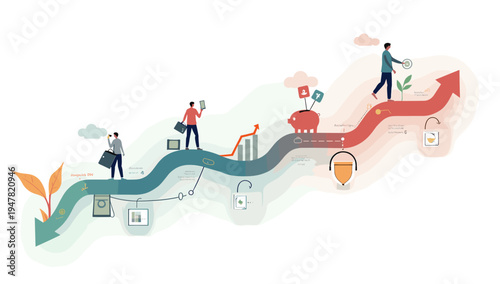 This illustration depicts financial growth symbolized by a rising arrow and a growing plant. It's ideal for illustrating investment strategies, econom