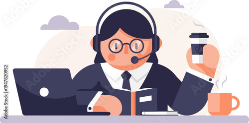 Person with headset, laptop, book, and coffee at a desk