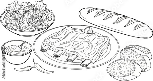 Ribs, salad, bread, chili, and dip arranged for a meal