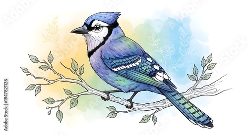 A delicate watercolor illustration of a vibrant blue jay with striking blue, white, and black plumage perched on a slender branch, set against a soft, blended pastel background with subtle leaf detail