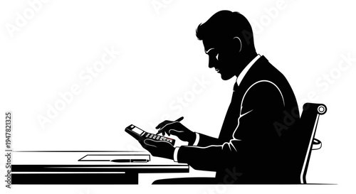 Silhouette of a businessman using a calculator at a desk, black and white illustration