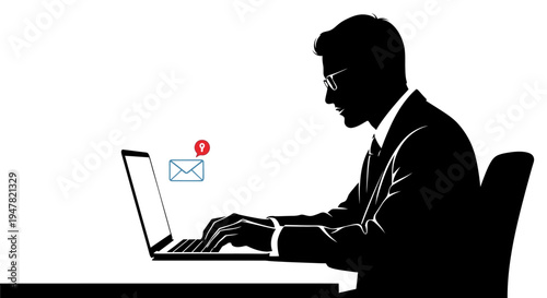Silhouette of a businessman typing on a laptop with email notification, symbolizing online communication and digital work.