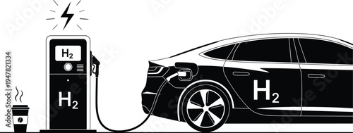 Hydrogen fuel cell car charging at H2 station, clean energy vehicle refueling concept, sustainable transportation technology illustration