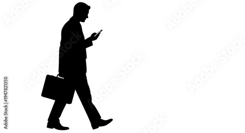 Silhouette of a businessman walking and looking at his smartphone, carrying a briefcase.
