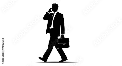 Silhouette of a businessman walking and talking on a cell phone with a briefcase