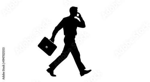 Silhouette of a businessman walking and talking on a cell phone while carrying a briefcase.