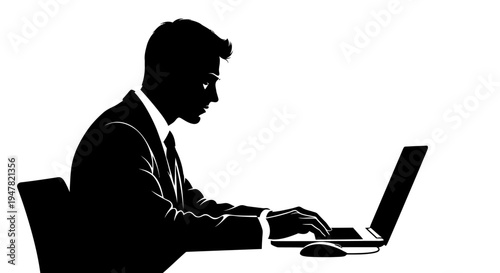 Silhouette of a businessman typing on a laptop, focused work, modern office, technology concept