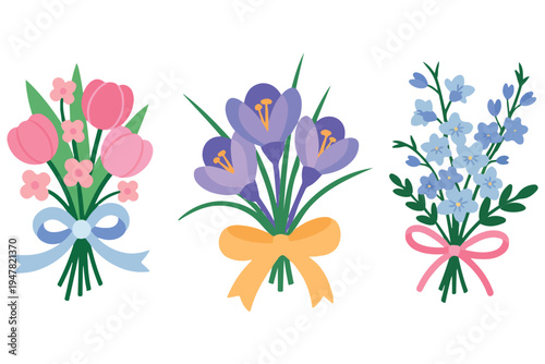Floral bundles with ribbons for Mother's Day and wedding invitation design elements. Set of three decorative flower bouquets with pink tulips, purple crocus and blue blossoms.