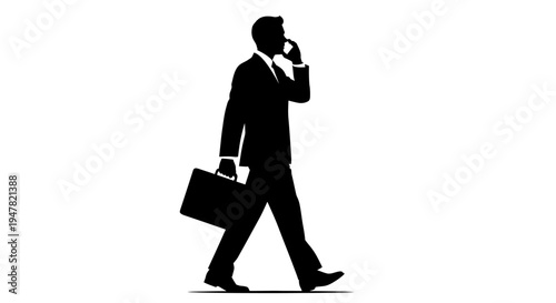 Silhouette of a businessman walking and talking on a cell phone, carrying a briefcase