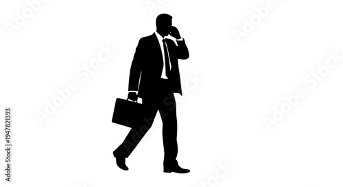 Silhouette of a businessman walking and talking on a cell phone, carrying a briefcase