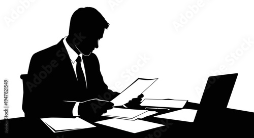 Silhouette of a businessman reviewing documents at a desk with a laptop