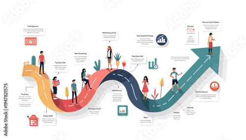 A colorful illustration depicting the journey to buying a home. It evokes feelings of aspiration and financial planning, ideal for content on real est