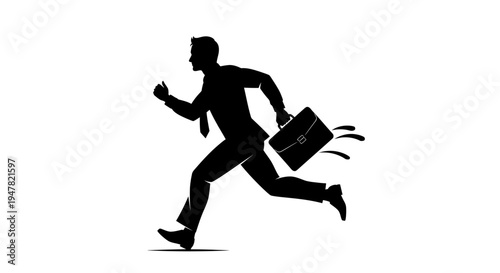 Silhouette of a businessman running with a briefcase, symbolizing speed, success, and business rush.