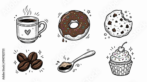 A collection of sweet treats and coffee.