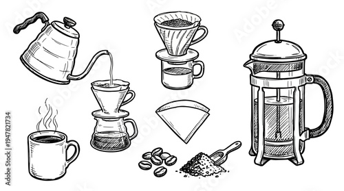 Coffee brewing methods and equipment illustration.