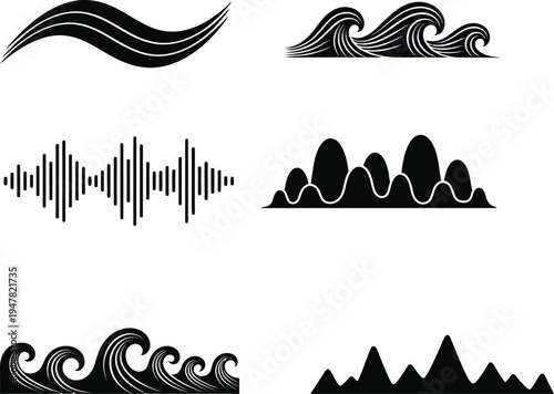 Collection of wave and sound silhouettes and patterns