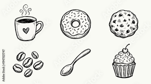 A set of coffee and dessert icons.