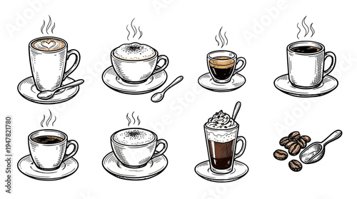 A collection of coffee cups and saucers.