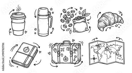 Travel and tourism icons with luggage and food.