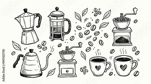 Coffee makers and cups with hearts.