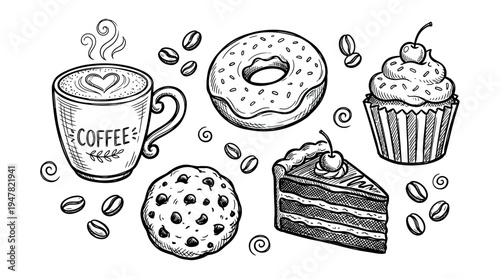 A collection of sweet baked goods and coffee.