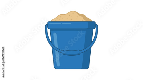 Blue plastic bucket filled with sand
