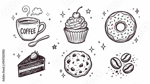A set of sweet food and drink icons.