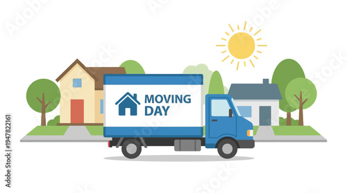 Moving truck parked on a quiet suburban street