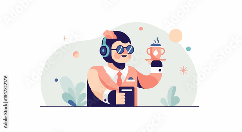 Robot waiter serving hot beverage with headphones and glasses