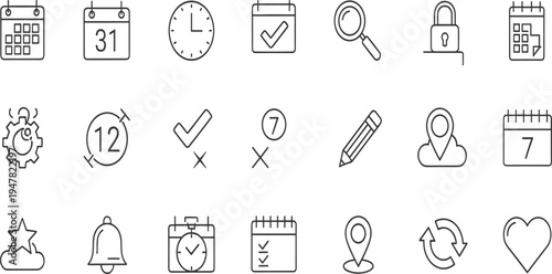 Vector line icon set for calendar scheduling and time management, including clock, pin, bell, gear, search, lock, and heart symbols.
