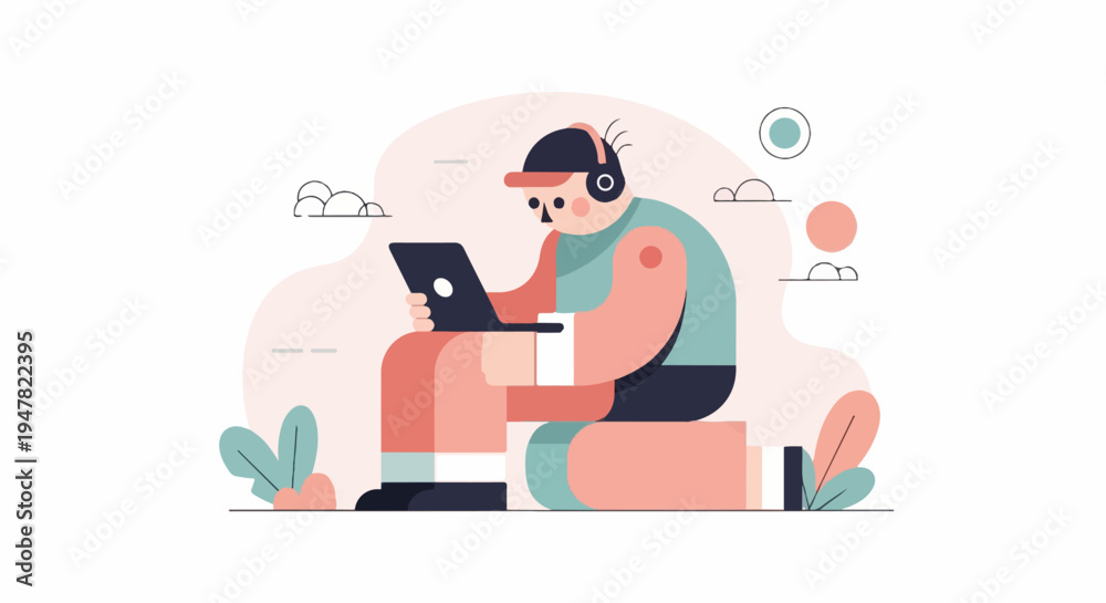 Fototapeta premium Person wearing headphones using a laptop, seated on the ground