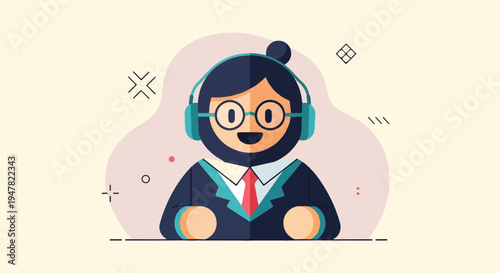 Person wearing headphones and glasses, dressed in a suit