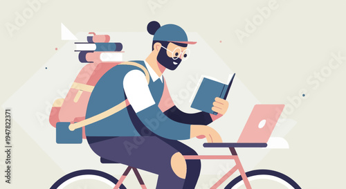 Person on bike with books, laptop, and reading