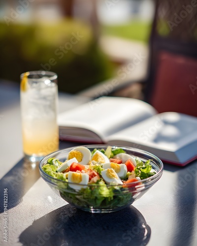 Healthy lunch with a salad containing eggs, lettuce, and tomatoes by a drink