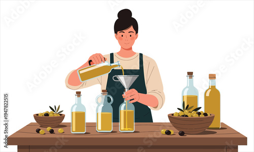 Woman Pouring Olive Oil into Glass Bottles