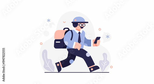 Running person with backpack and phone, abstract shapes, plants