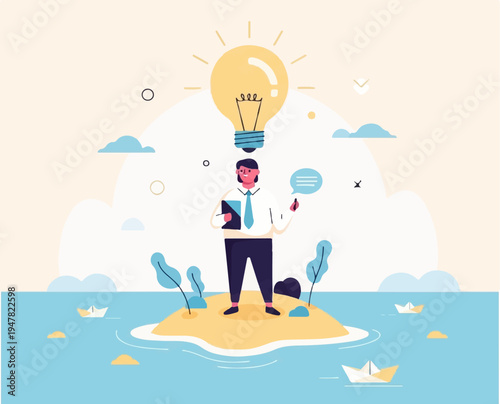 Person on island with lightbulb above head, surrounded by sea and paper boats