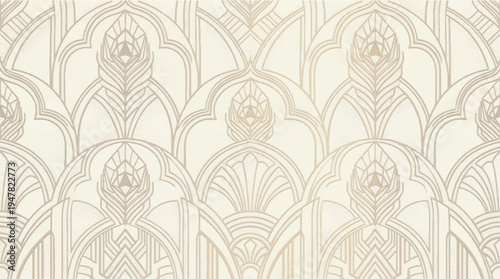 Elegant Art Deco Seamless Vector Pattern Featuring Geometric Peacock Feather Motifs and Symmetrical Arches in a Neutral Cream Color Palette for Luxury Vintage Graphic Design
